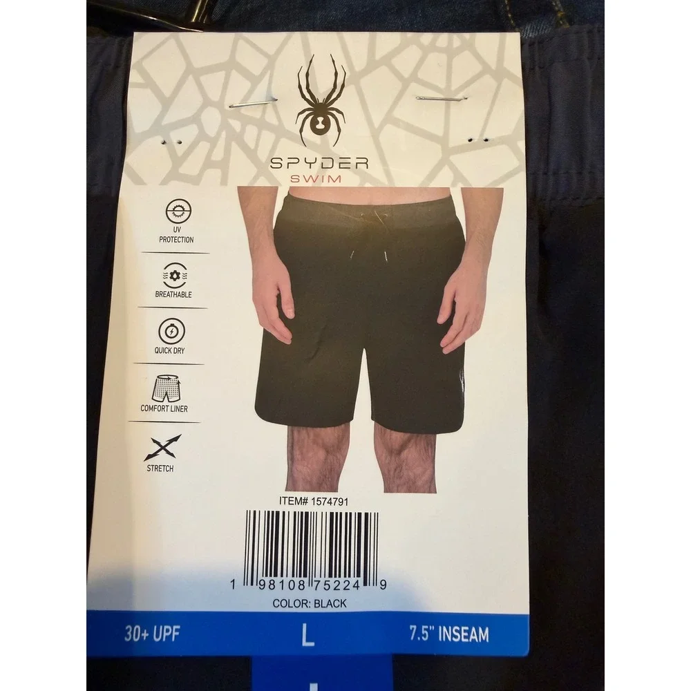 NWT Spyder Swim Mens Black Board Shorts Stretch Trunks •L• Summer UPF Gorpcore